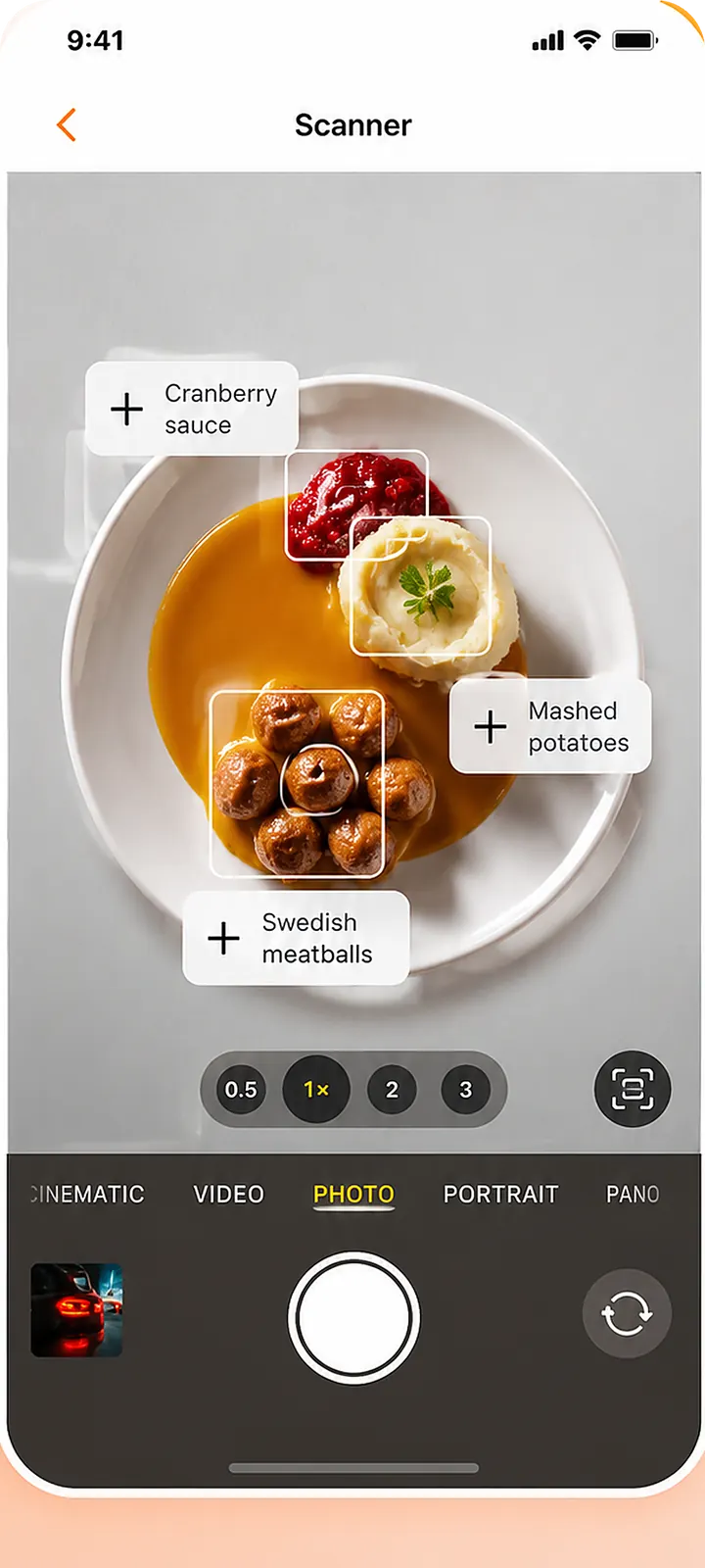 EatBeat scanner recognising Swedish meatballs, mashed potatoes and cranberry sauce on a plate