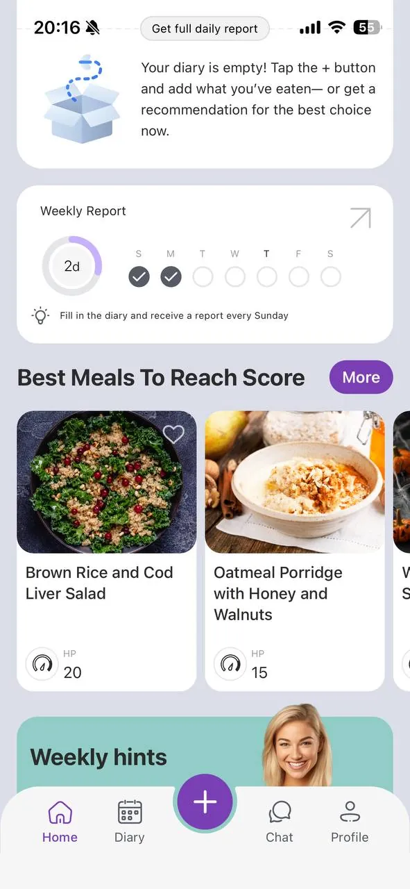 EatBeat home screen with today’s Health Points and the next meal tip